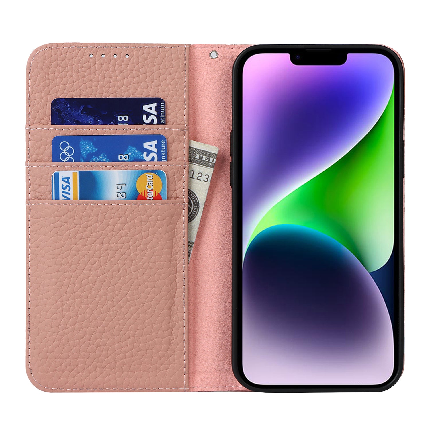 Drop-proof Phone Case for iPhone 14 Genuine Leather Litchi Texture Cell Phone Cover Wallet Stand Drop-proof Phone Case for iPhone 14 Genuine Leather Litchi Texture Cell Phone Cover Wallet Stand